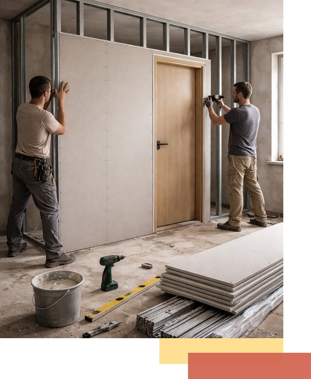 Перегородка из гипсокартона с дверью под ключ в Тулуне