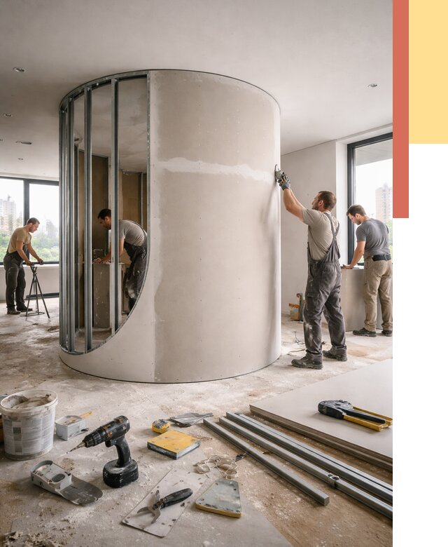 Радиусная перегородка из гипсокартона в Тулуне от 3129 руб. под ключ | ОТДЕЛОЧНИК-Тлн